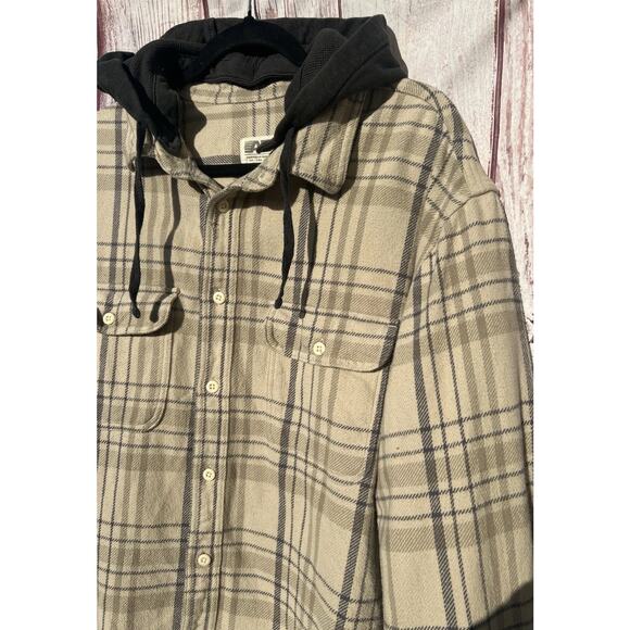 American Eagle Men’s Hooded Plaid Flannel Thick Shirt 90's Fall Holiday Beige XL - Picture 3 of 9